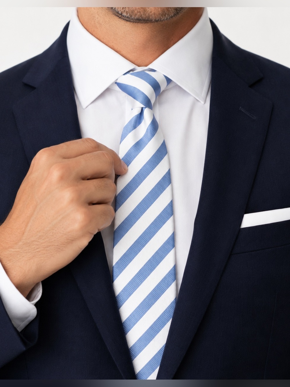 Men's Tie Carolina Blue White Diagonal Stripe Woven Polyester HPI Direct 59"